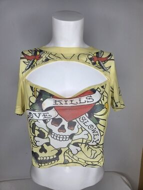 Ed Hardy Size L Y2K Yellow Mesh “Love Kills Slowly” Tatoo Crop Top